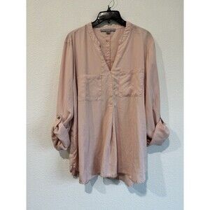 Marc New York Women's Pink V Neck Tunic Top Chest Pockets Roll Tab Sleeve XL